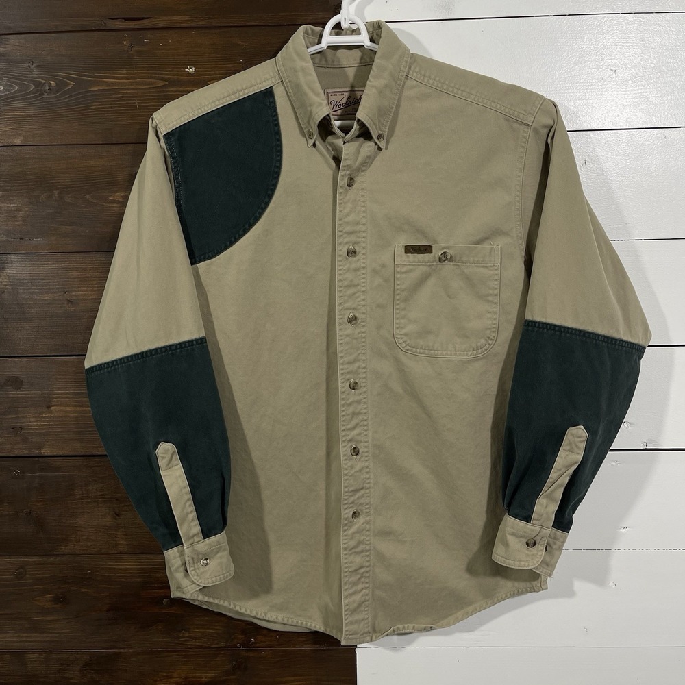 Vintage 90s Woolrich Shooting Shirt‎ Mens Med Hunting Button Beige Green Quilted